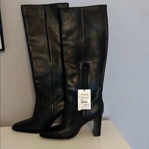 ZARA Black Knee-High Heeled Leather Boots